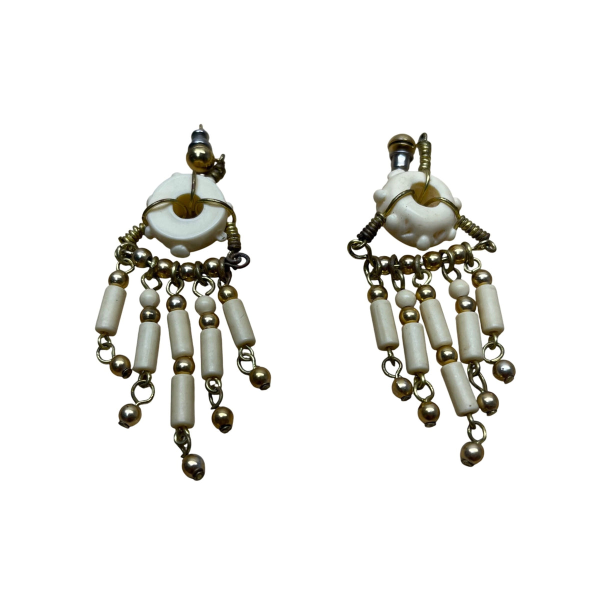 Vintage Womens White & Gold Beaded Dangle Clip-On Earrings Handmade Lightweight