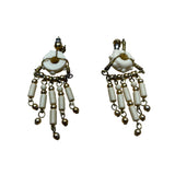 Vintage Womens White & Gold Beaded Dangle Clip-On Earrings Handmade Lightweight