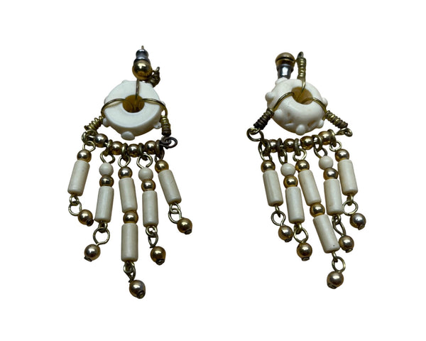 Vintage Womens White & Gold Beaded Dangle Clip-On Earrings Handmade Lightweight