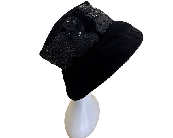 Black Velvet Bucket Hat With Decorative Lace & Beading Design For Women