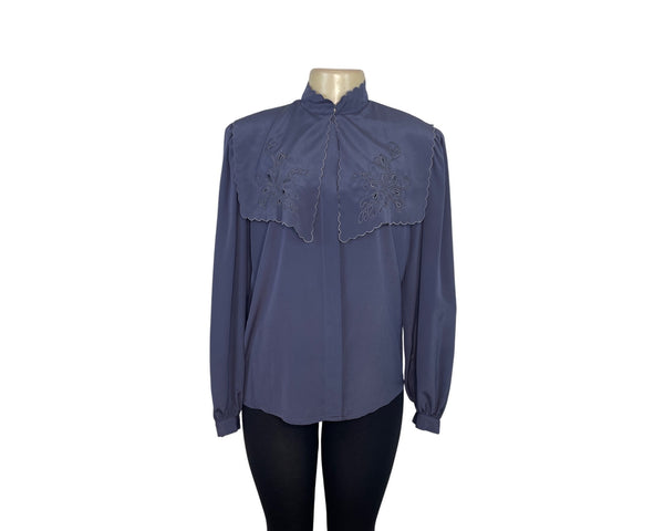 Vintage Ch Parienne Women's Gray Long Sleeve Scalloped Blouse With Sz 12