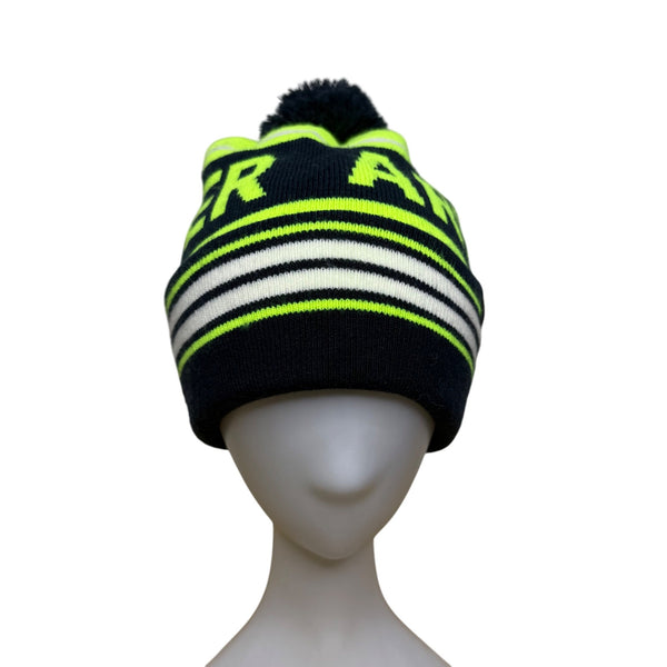 Under Armour Unisex Navy Neon Green Knit Pom Beanie Hat One Size Warm Striped OSFA