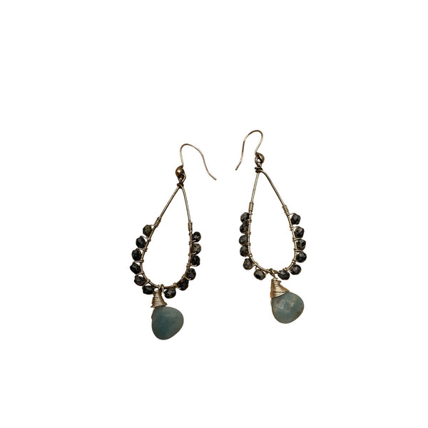 Handcrafted Teardrop Wire Earrings With Blue Stone & Black Bead Accents