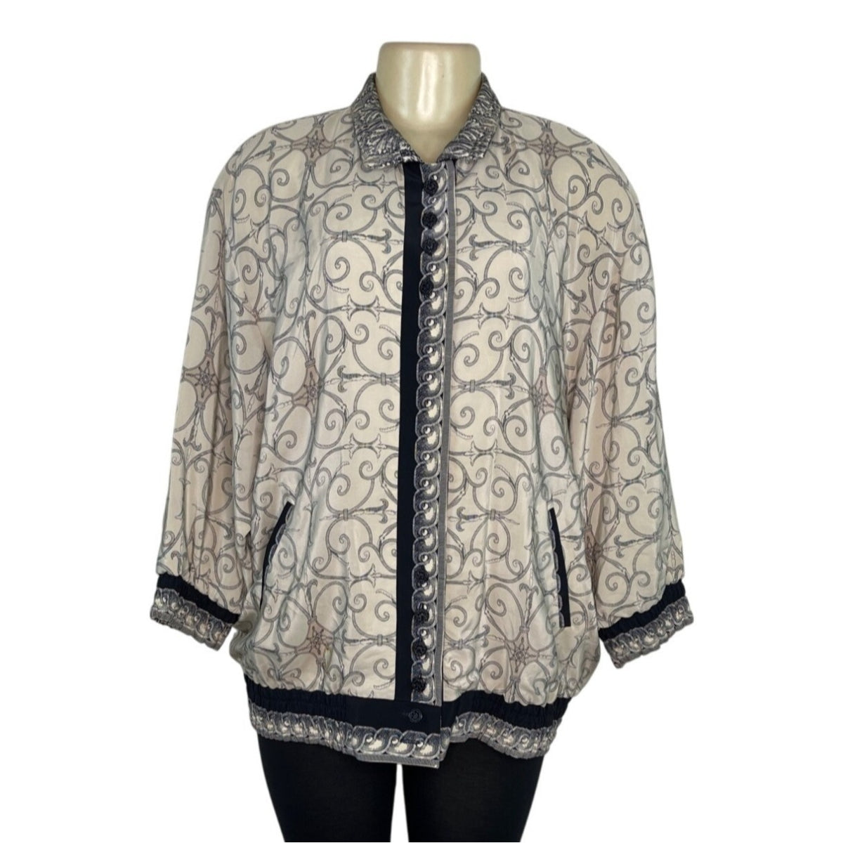 Vintage Peter Nygard Womens Jacket Beige Navy Baroque Print Elastic Hem Sz 14W