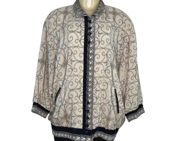 Vintage Peter Nygard Womens Jacket Beige Navy Baroque Print Elastic Hem Sz 14W