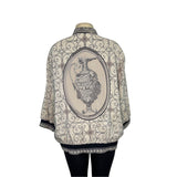 Vintage Peter Nygard Womens Jacket Beige Navy Baroque Print Elastic Hem Sz 14W