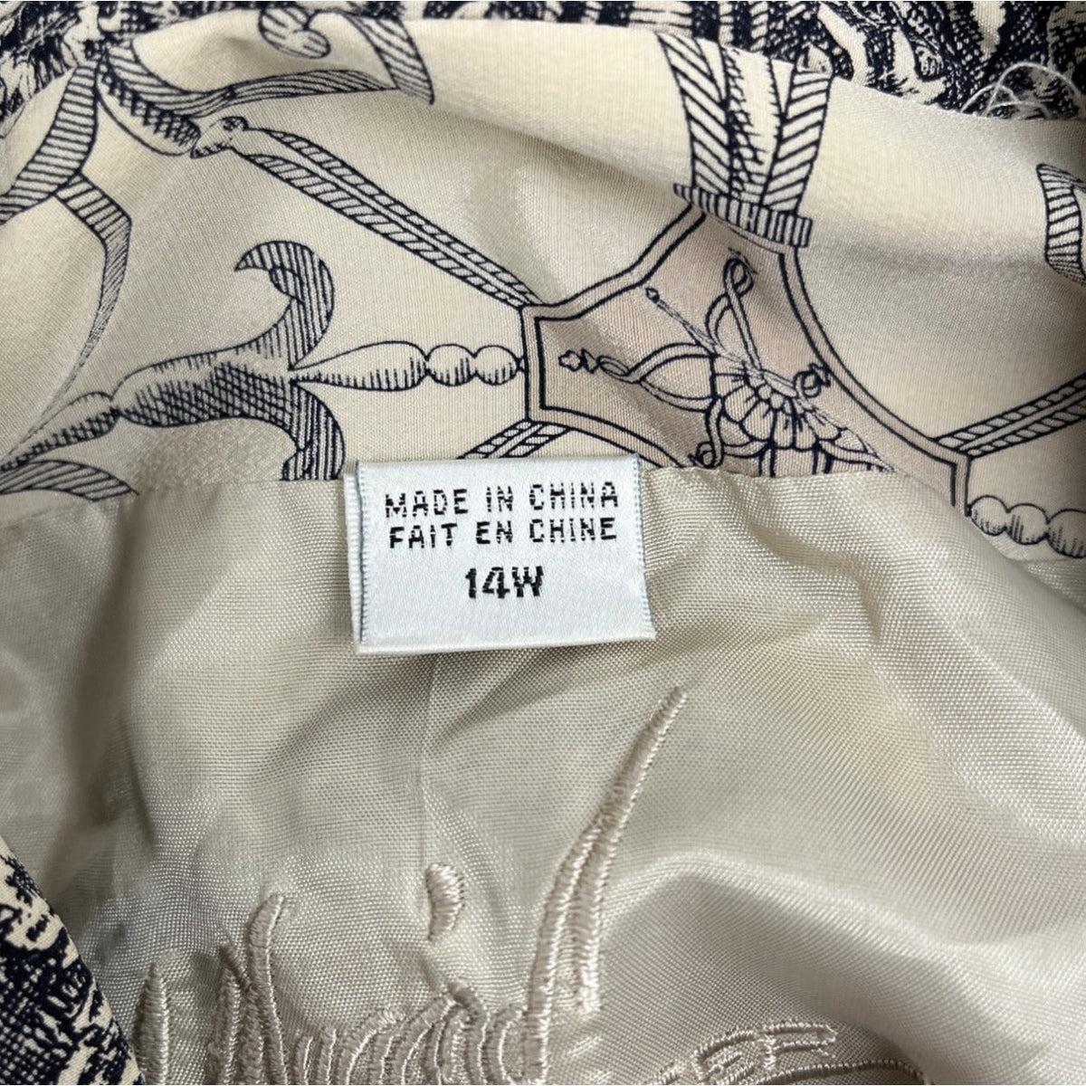 Vintage Peter Nygard Womens Jacket Beige Navy Baroque Print Elastic Hem Sz 14W