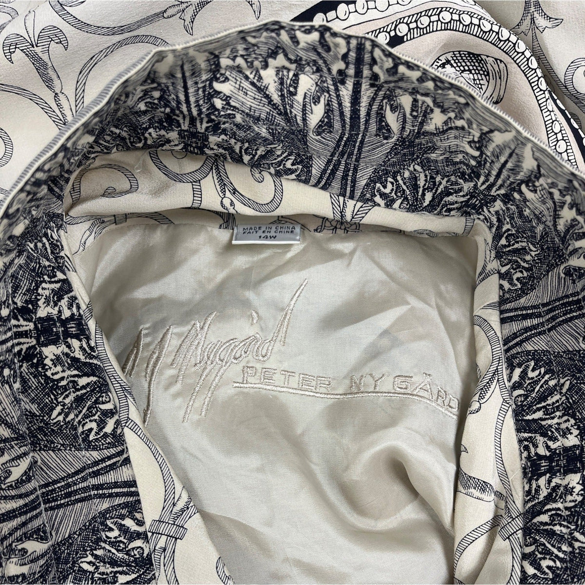 Vintage Peter Nygard Womens Jacket Beige Navy Baroque Print Elastic Hem Sz 14W