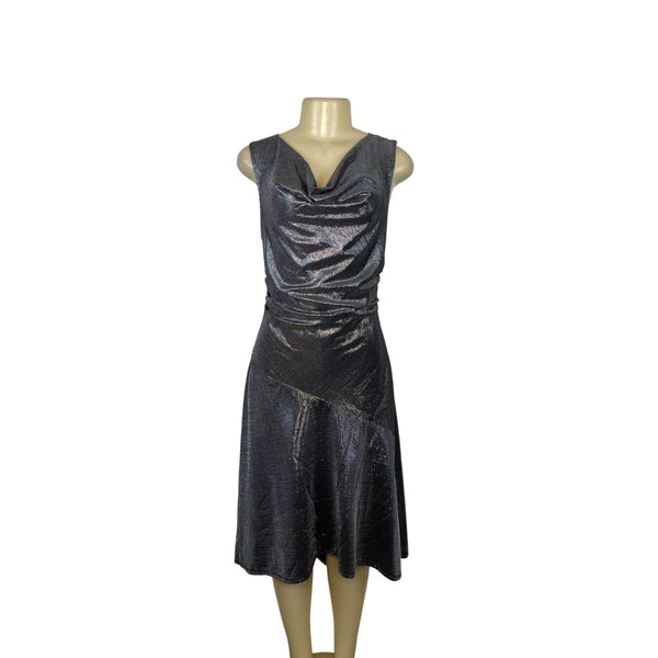 Tracy Reese Metallic Silver Midi Dress Sleeveless Cowl Neck A-Line Womens Size M