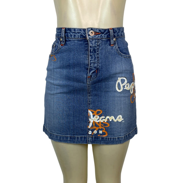 Pepe Jeans UK 73 Denim Mini Skirt With Orange Graffiti Drip Paint Sz L