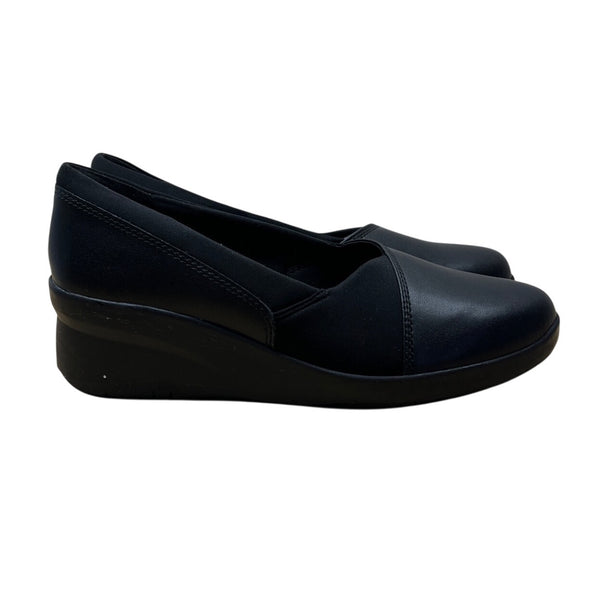 Clarks Women’s Black Leather Ultimate Suttyn Walk Slip-On Wedge Shoes Sz 7.5W