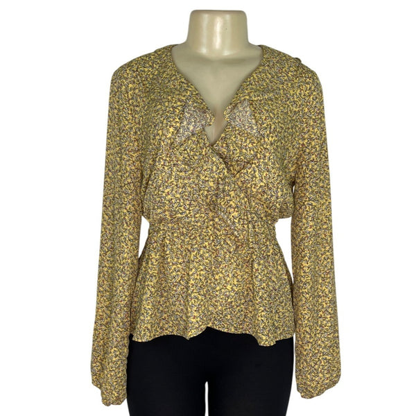 Max Studio Womens Yellow Floral Ruffle Wrap Blouse Long Sleeves Size M