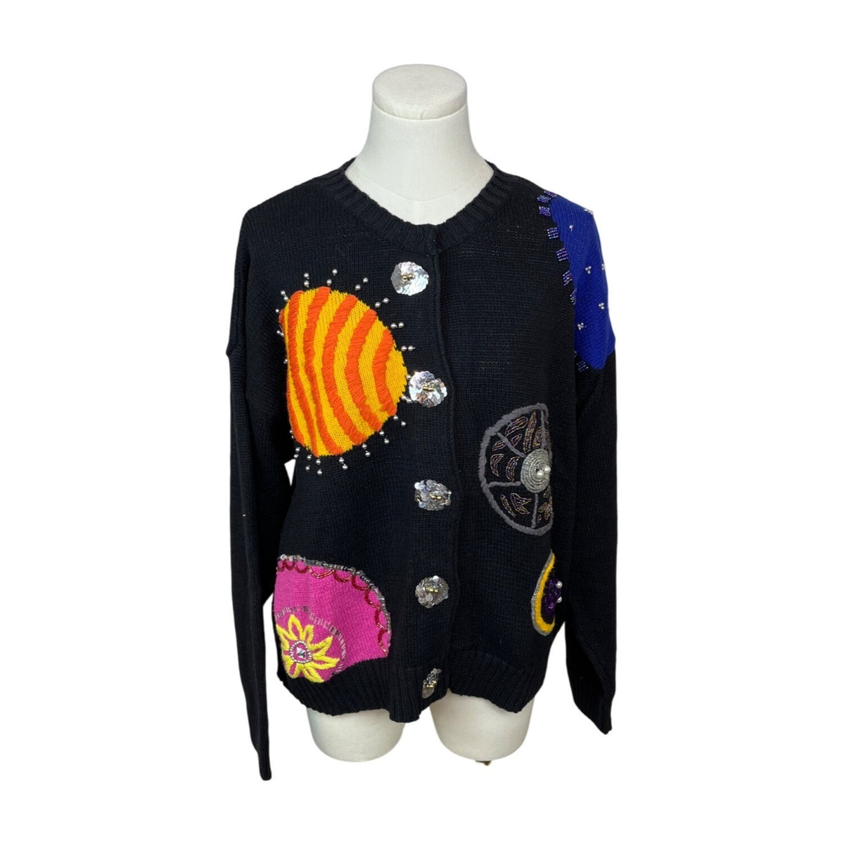 Vintage Ann Wi Planet Themed Knitted Sweater With Sequin Buttons Sz L