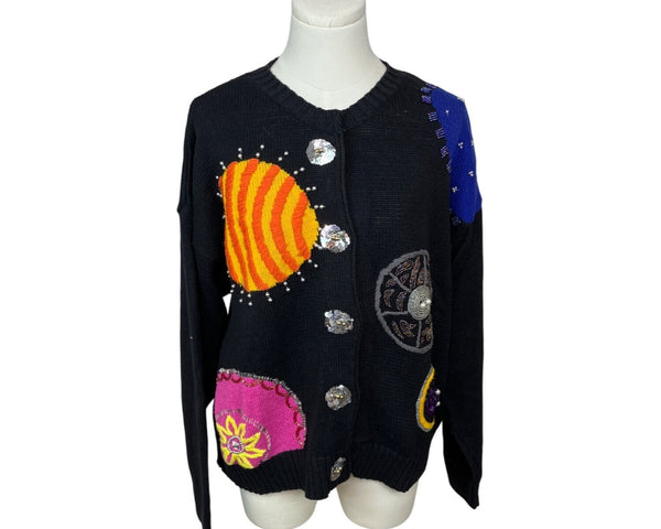 Vintage Ann Wi Planet Themed Knitted Sweater With Sequin Buttons Sz L