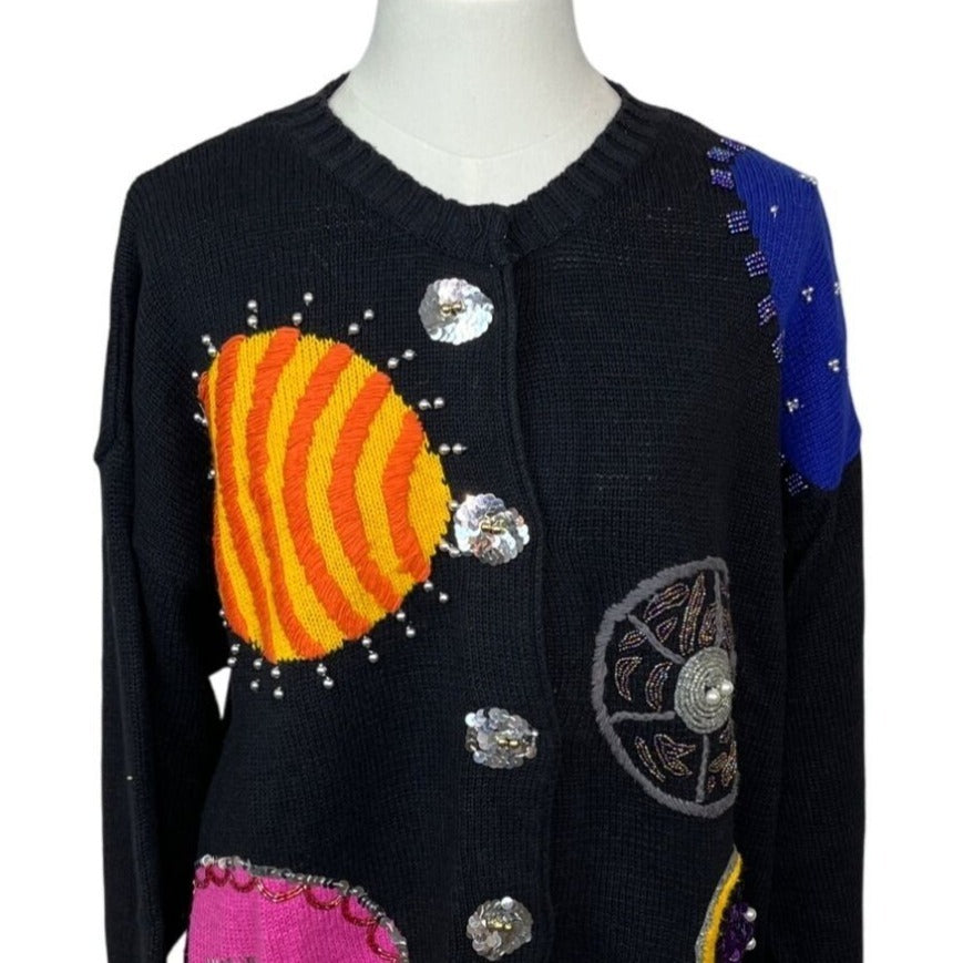 Vintage Ann Wi Planet Themed Knitted Sweater With Sequin Buttons Sz L