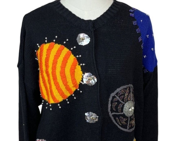 Vintage Ann Wi Planet Themed Knitted Sweater With Sequin Buttons Sz L