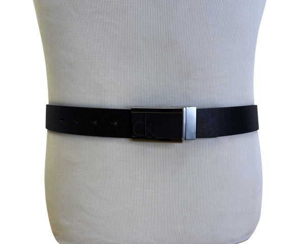 Calvin Klein Mens Black Textured Belt With CK Logo Plaque Buckle Size 32