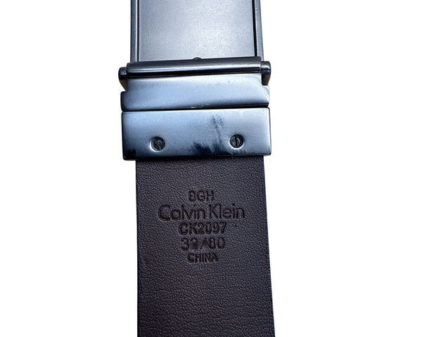 Calvin Klein Mens Black Textured Belt With CK Logo Plaque Buckle Size 32