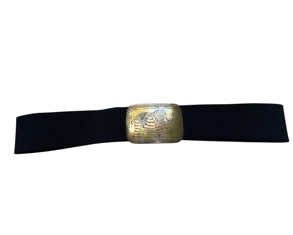 Elastic Black Belt With Brass Elephant Buckle Adjustable Detailed Boho Unique Handmade