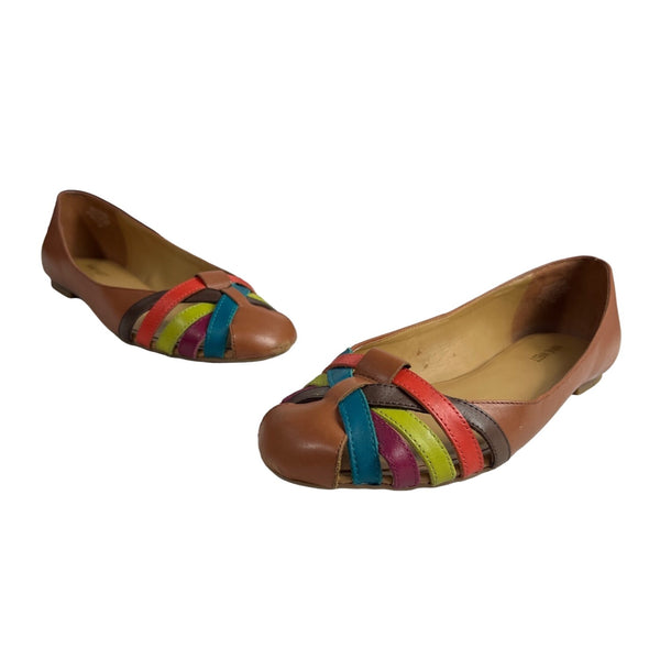 Nine West Brown Leather Multicolor Weave Design Women's Flat Ballers Sz 9.5M