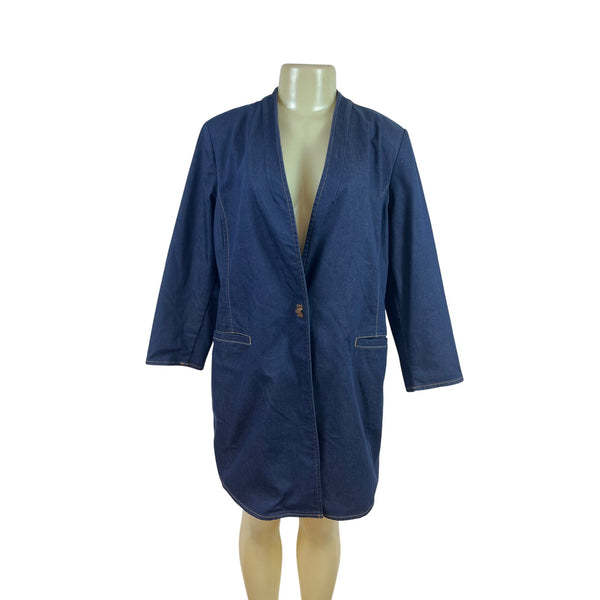 Chico’s Women's Navy Denim Long Jacket With Single Button Sz 2 - New