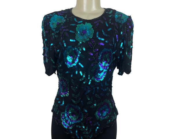 Laurence Kazan Vintage Black Sequin Floral Short Sleeve Top Size M