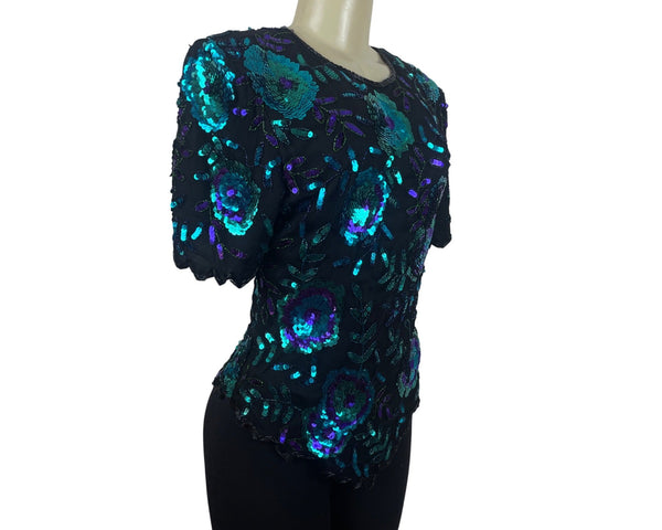 Laurence Kazan Vintage Black Sequin Floral Short Sleeve Top Size M