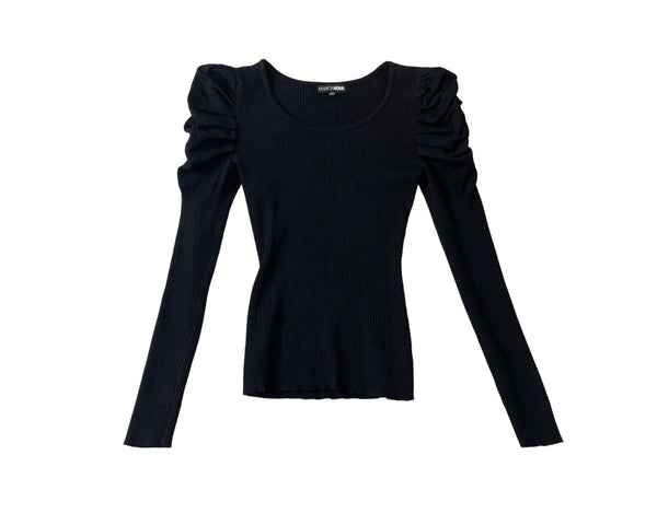 Fashion Nova Black Ribbed Fitted Long Sleeve Top With Ruched Shoulders Size S