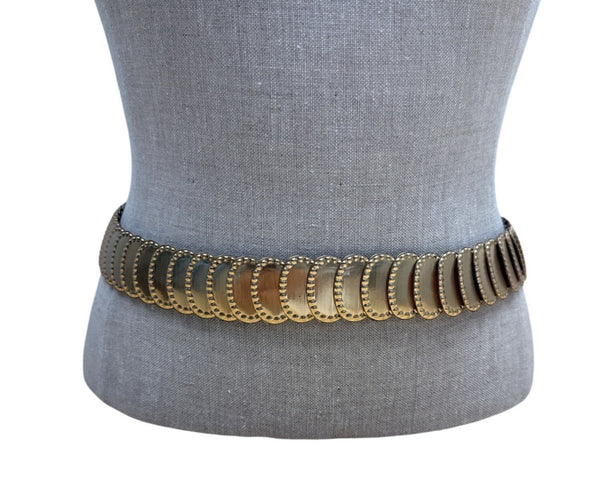 Vintage Gold-Tone Elastic Stretch Waist Belt With Embossed Oval Panels