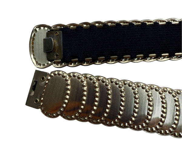 Vintage Gold-Tone Elastic Stretch Waist Belt With Embossed Oval Panels