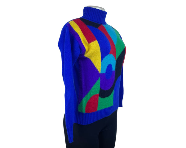 Vintage Illustrations Women’s Blue Multi Color Turtleneck Sweater Abstract Size P