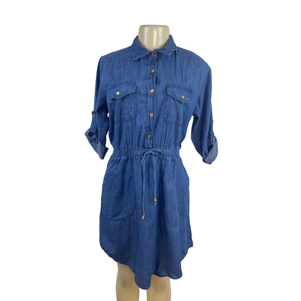 MPH Collection Women’s Wash Denim Shirt Dress With Roll Tab Sleeves Sz M - New