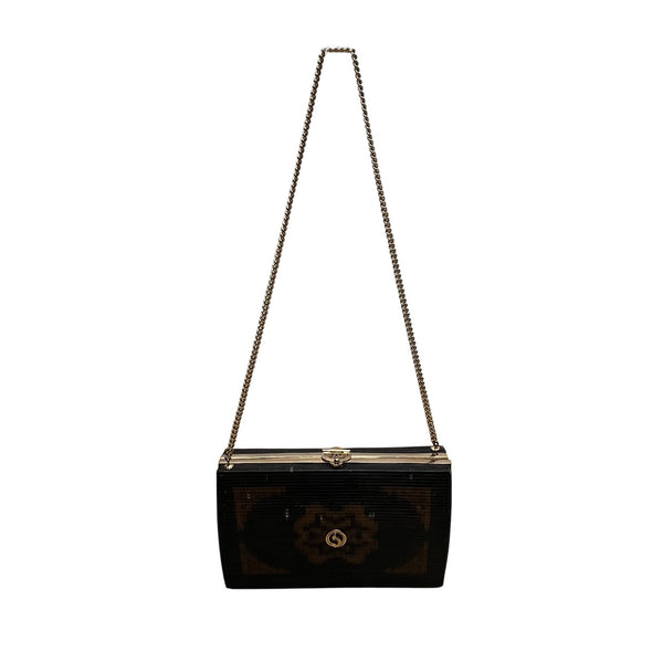 Handcrafted Women’s Black & Brown Chain Strap Woven Pattern Hardcase Clutch Bag