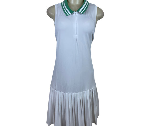 Addison Bay White Tennis Dress Sleeveless Pleated Skirt & Green Collar Size XXL