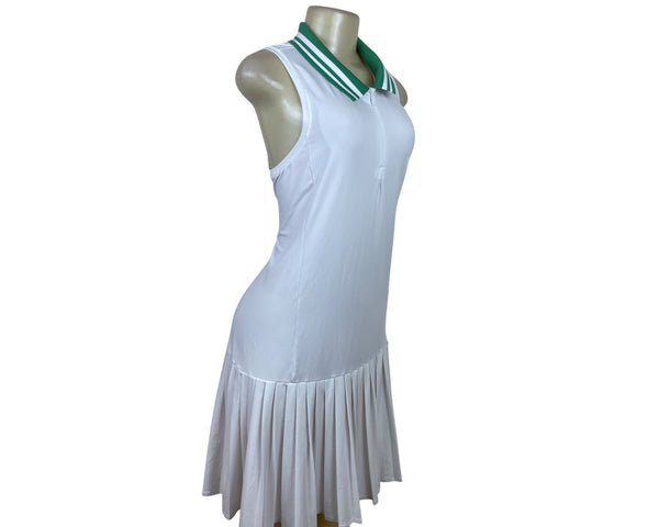 Addison Bay White Tennis Dress Sleeveless Pleated Skirt & Green Collar Size XXL