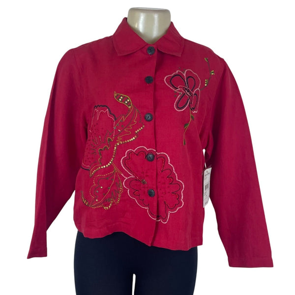 Studio Works Womens Red Multi Embroidered Button-Front Jacket Petite Sz L - New
