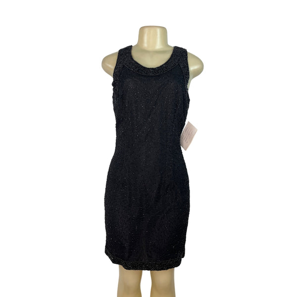 Lawrence Kazar Black Cocktail Mini Dress Sleeveless Back Slit Size M - New
