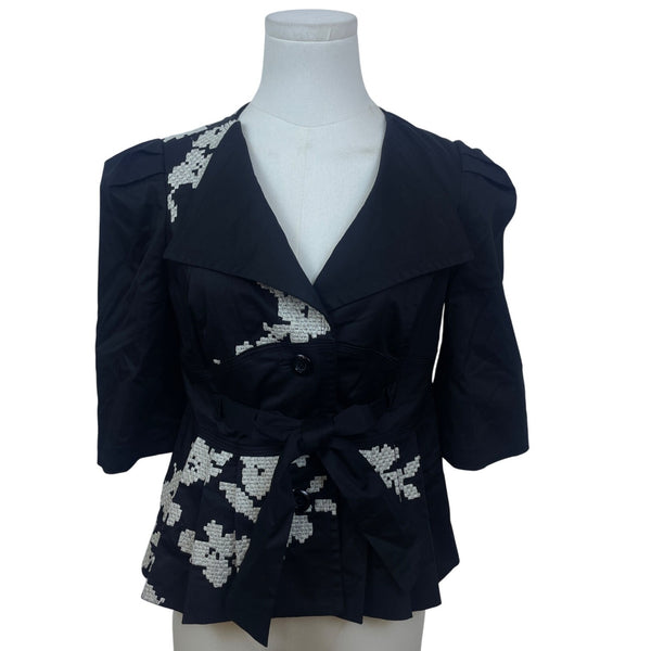Elevenses Womens Black & White Embroidered Wrap Button-Front Jacket Sz 2