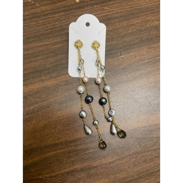 Handcrafted Gold Tone Pearl & Gemstone Dangle Earrings