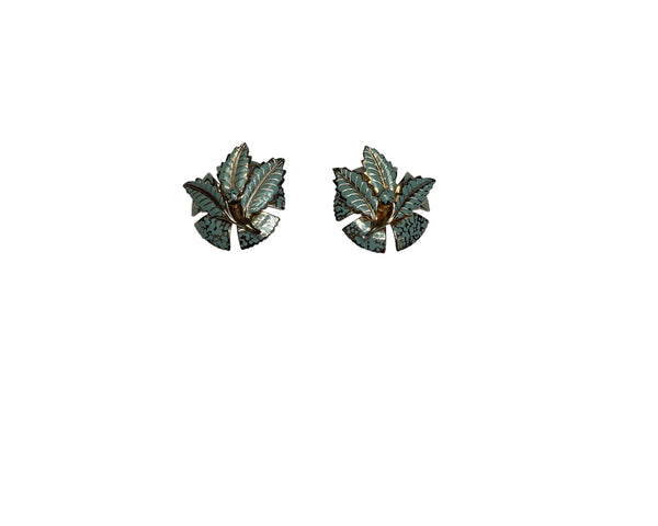 Vintage Womens Gold & Teal Enamel Leaf Clip-On Earrings Retro Floral Design Jewelry