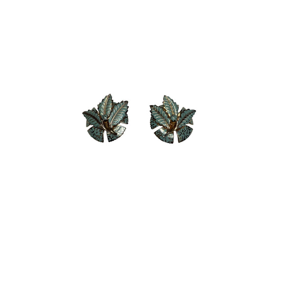 Vintage Womens Gold & Teal Enamel Leaf Clip-On Earrings Retro Floral Design Jewelry
