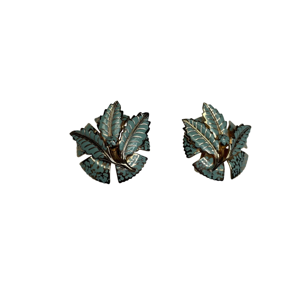 Vintage Womens Gold & Teal Enamel Leaf Clip-On Earrings Retro Floral Design Jewelry