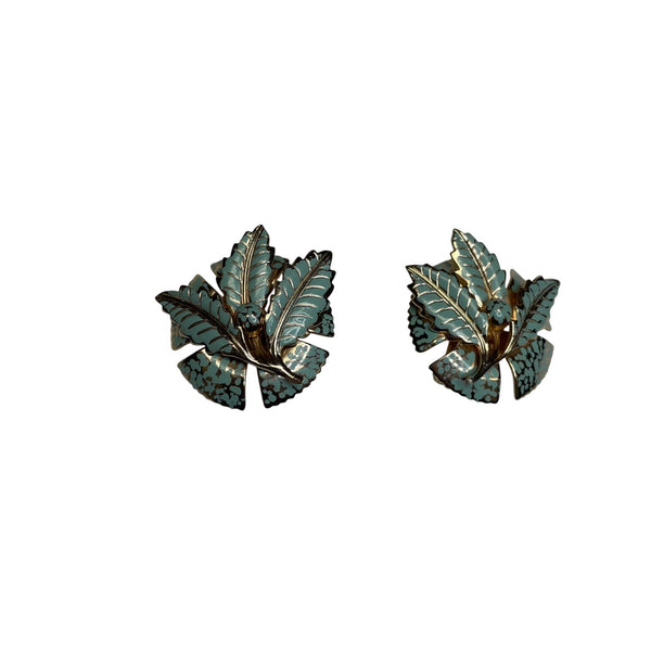 Vintage Womens Gold & Teal Enamel Leaf Clip-On Earrings Retro Floral Design Jewelry