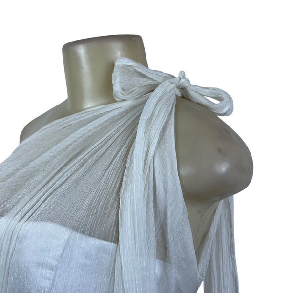 One Shoulder White Chiffon Maxi Dress With Pleated Waistband Detailed