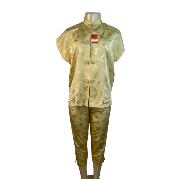 Youth Women Pajama Gold Silk Brocade Two-Piece Outfit Sz L - New