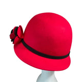 Red Wool & Felt Cloche Hat With Black Band & Floral Accent