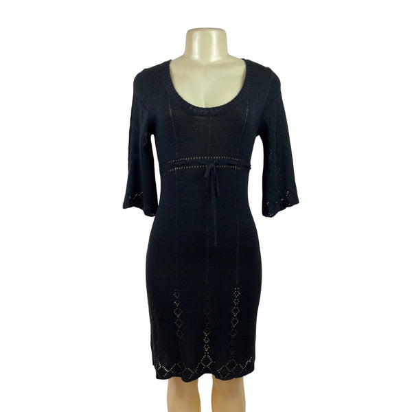 Say What Black Knit Dress With Scoop Neck & Waist Tie 3/4 Bell Sleeves Size L
