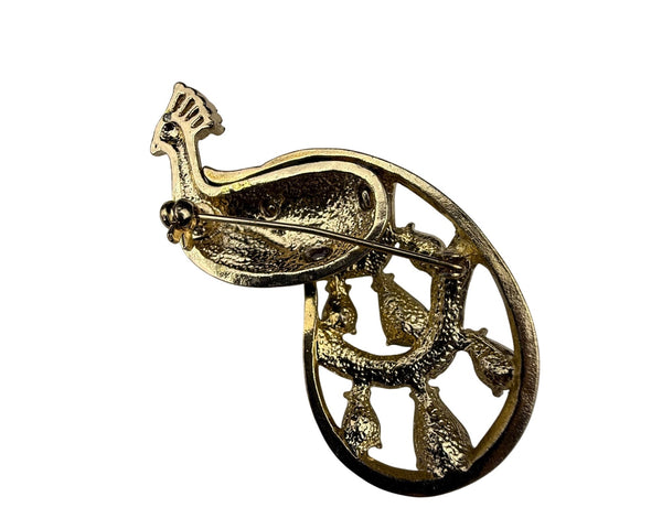 Vintage Gold Tone Peacock Brooch Green Blue Rhinestone Enamel Statement Pin Jewelry
