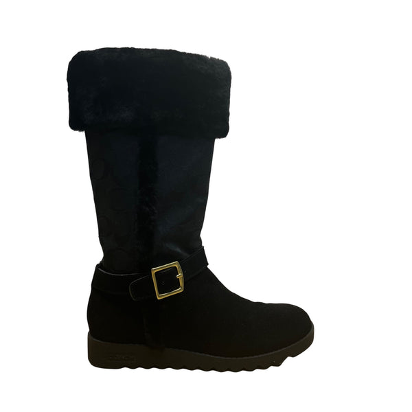 Coach Women’s Black Suede & Faux Fur Mid Calf Buckle Detail DeeAnn Boots Size 6B