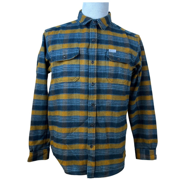 Columbia Men's Yellow Blue Plaid Cotton Button Up Flannel Shirt Regular Fit M